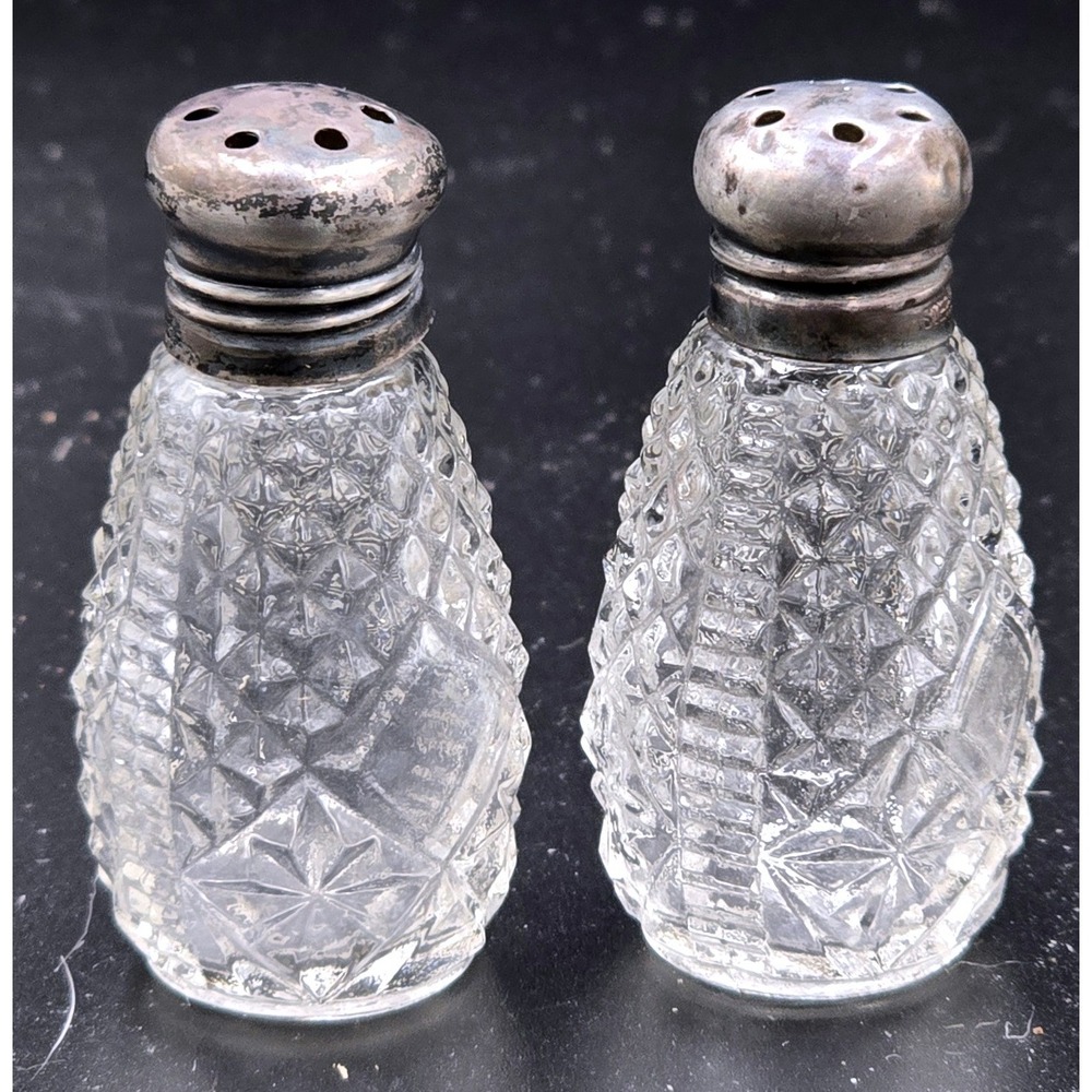 Vintage 1950's Mini 2" Sterling Silver Glass Salt Pepper Shakers‎ 925 BONUS